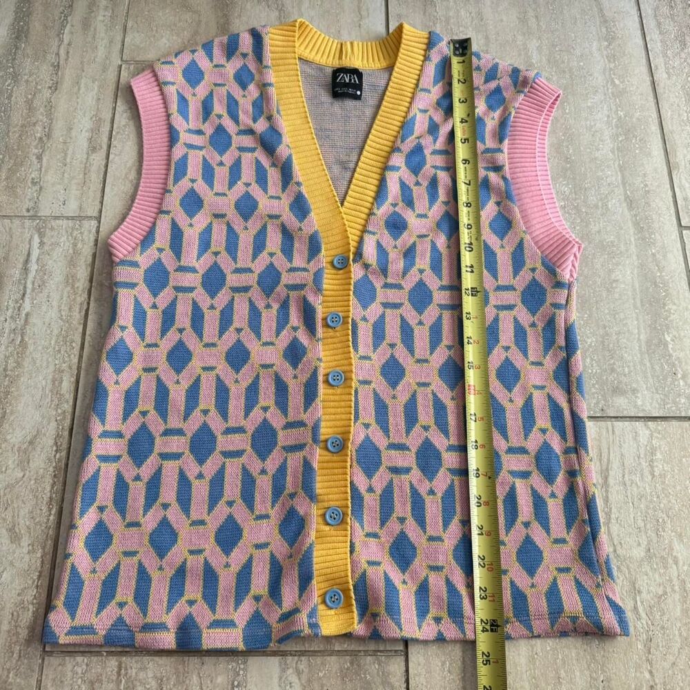ZARA Contrast Jacquard Knit Sweater Vest Pastel Geometric Retro Y2K Pink S indie - Picture 3 of 8